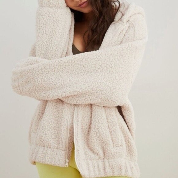 AE oversized sherpa zip Jacket Womens Large Neutral Cream - Picture 2 of 6